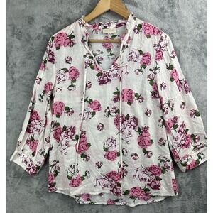 ModCloth Rose Floral Swiss Dot Shirt Medium White Pink Keyhole Pheasant